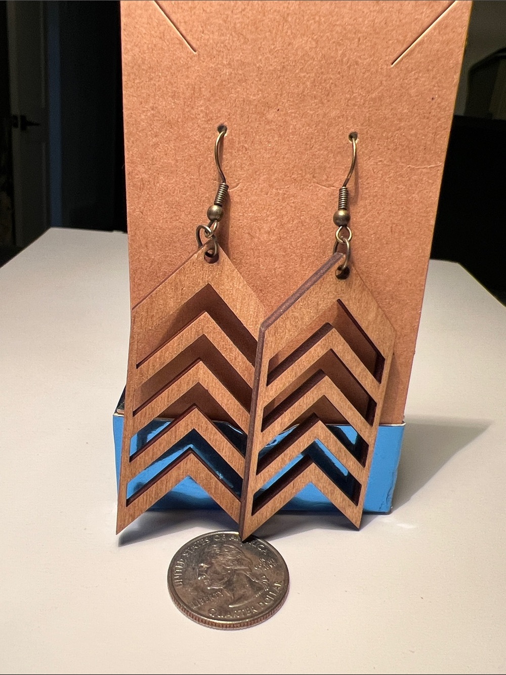 Geometric Chevron Wood Drop Earrings - Brown